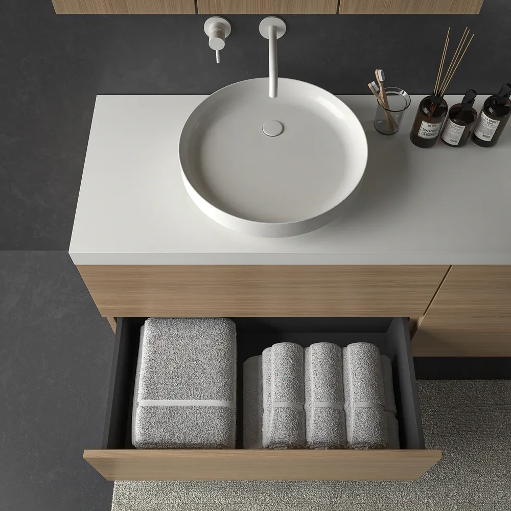 Mueble de baño TESIS suspendido 4 cajones con encimera SOLID SURFACE Nogal Boheme - Imagen 4