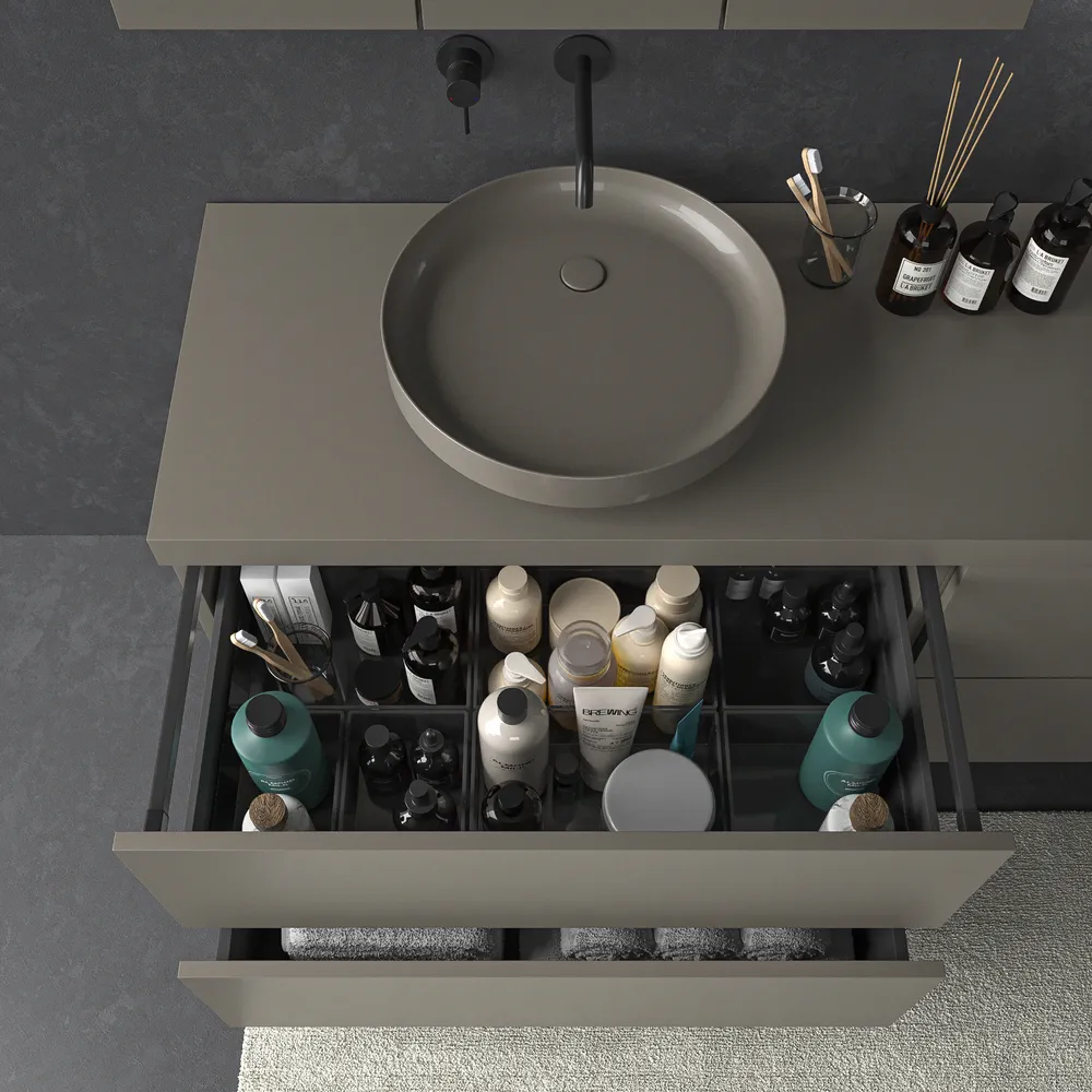 Mueble de baño TESIS suspendido 4 cajones con encimera SOLID SURFACE Gris Cuarzo - Imagen 6