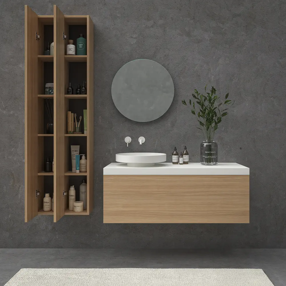 Mueble de baño TESIS suspendido 1 cajón con encimera SOLID SURFACE Nogal Boheme - Imagen 5