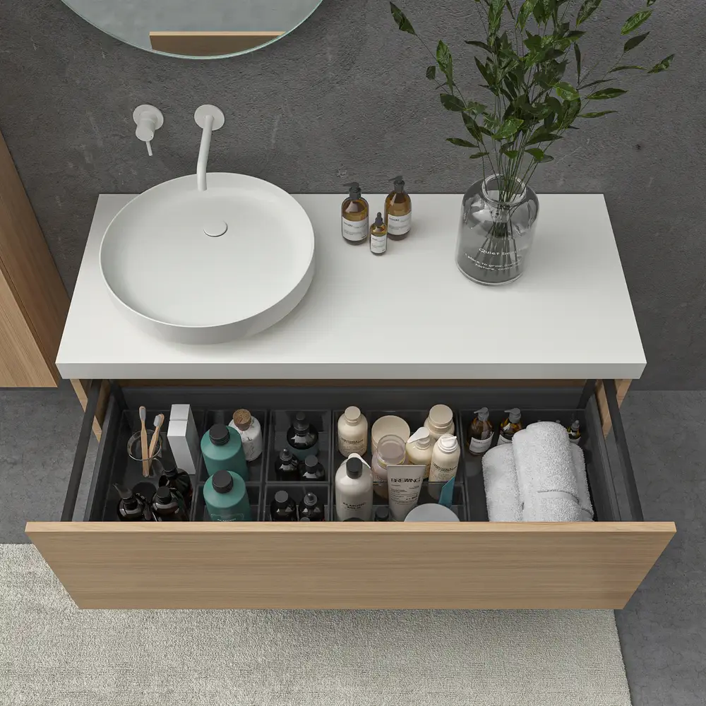 Mueble de baño TESIS suspendido 1 cajón con encimera SOLID SURFACE Nogal Boheme - Imagen 4