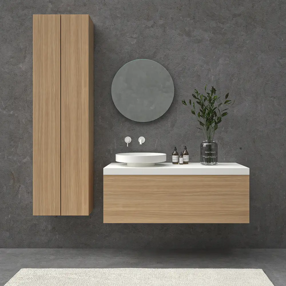 Mueble de baño TESIS suspendido 1 cajón con encimera SOLID SURFACE Nogal Boheme