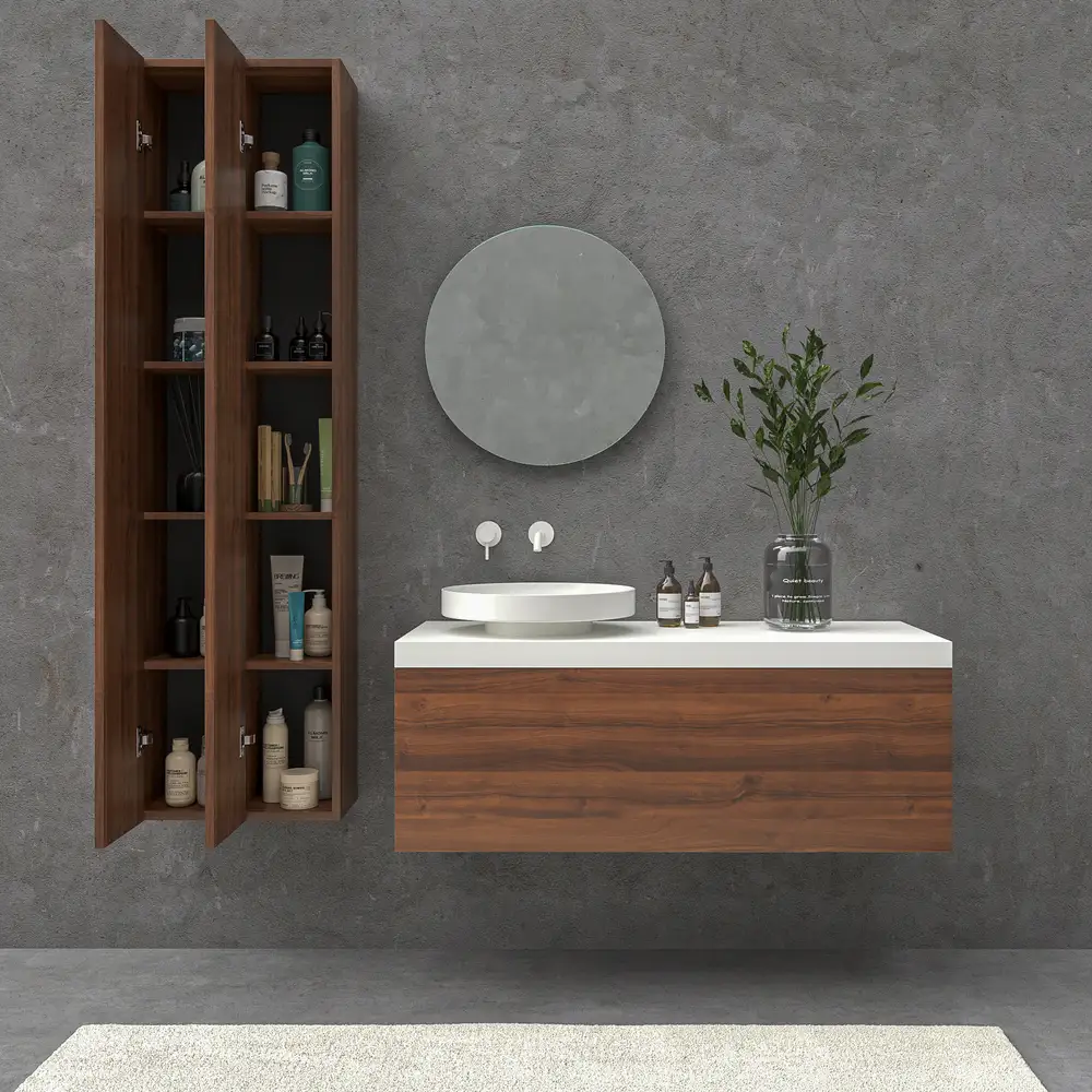 Mueble de baño TESIS suspendido 1 cajón con encimera SOLID SURFACE Nogal Valentina - Imagen 5