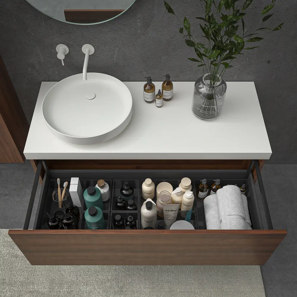 Mueble de baño TESIS suspendido 1 cajón con encimera SOLID SURFACE Nogal Valentina - Imagen 2