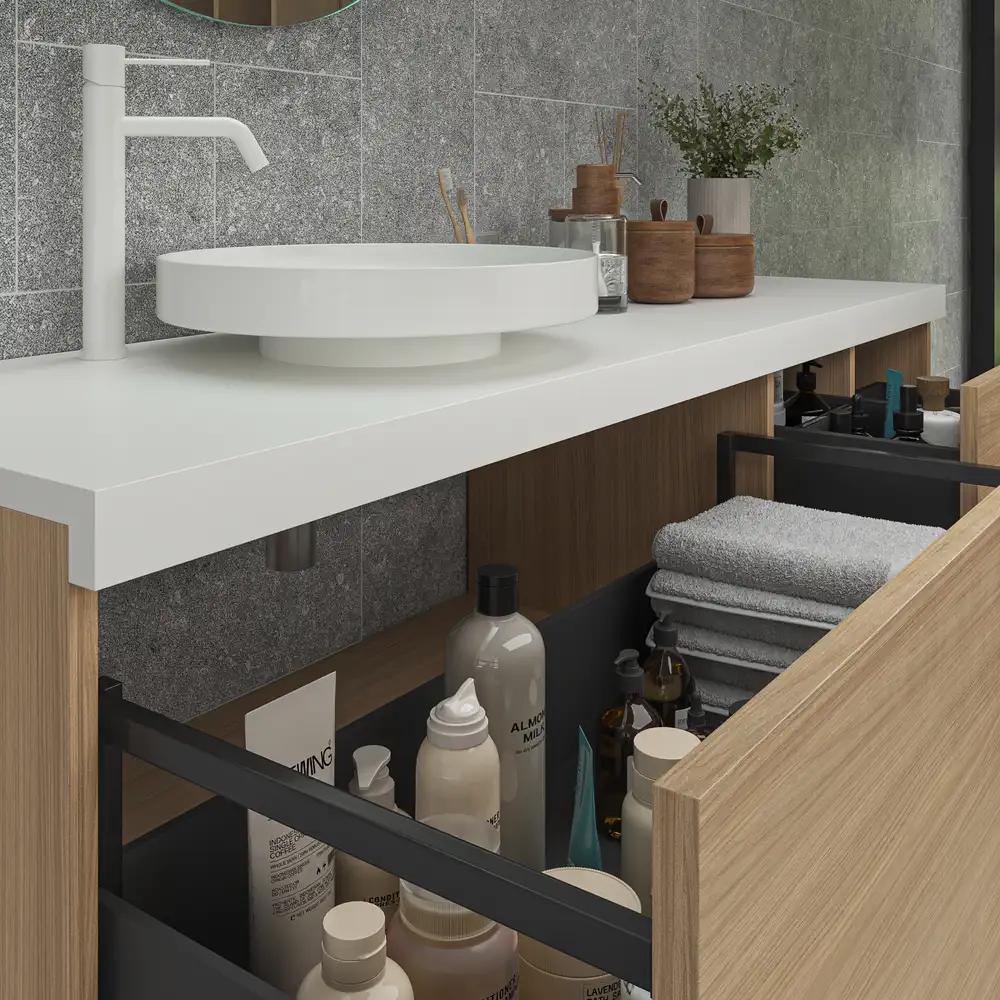 Mueble de baño TESIS suspendido 3 cajones + cesto de ropa Nogal Boheme con encimera SOLID SURFACE Blanco - Imagen 4