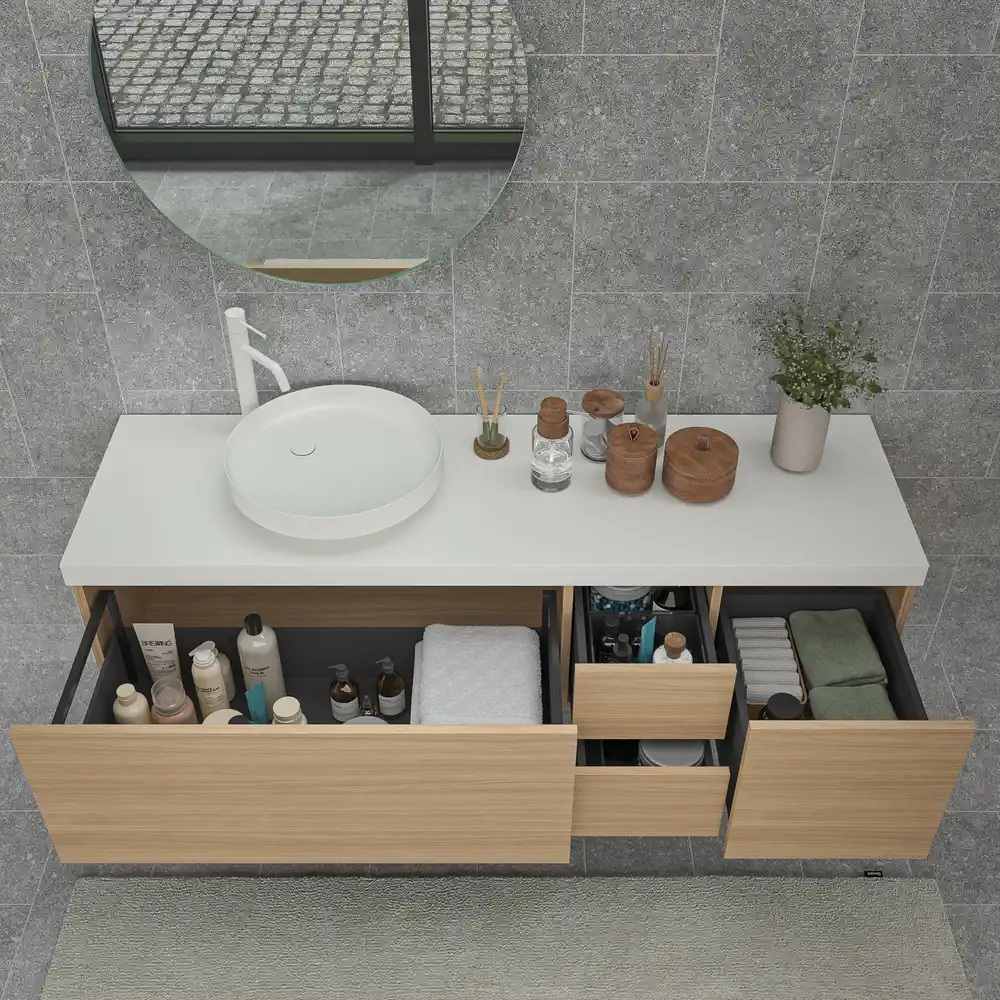 Mueble de baño TESIS suspendido 4 cajones con encimera SOLID SURFACE Nogal Boheme - Imagen 2