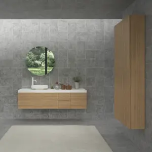 Mueble de baño TESIS suspendido 3 cajones + cesto de ropa Nogal Boheme con encimera SOLID SURFACE Blanco