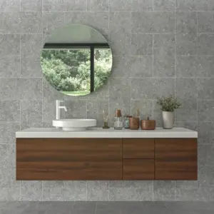 Mueble de baño TESIS suspendido 3 cajones + cesto de ropa Nogal Valentina con encimera SOLID SURFACE Blanco