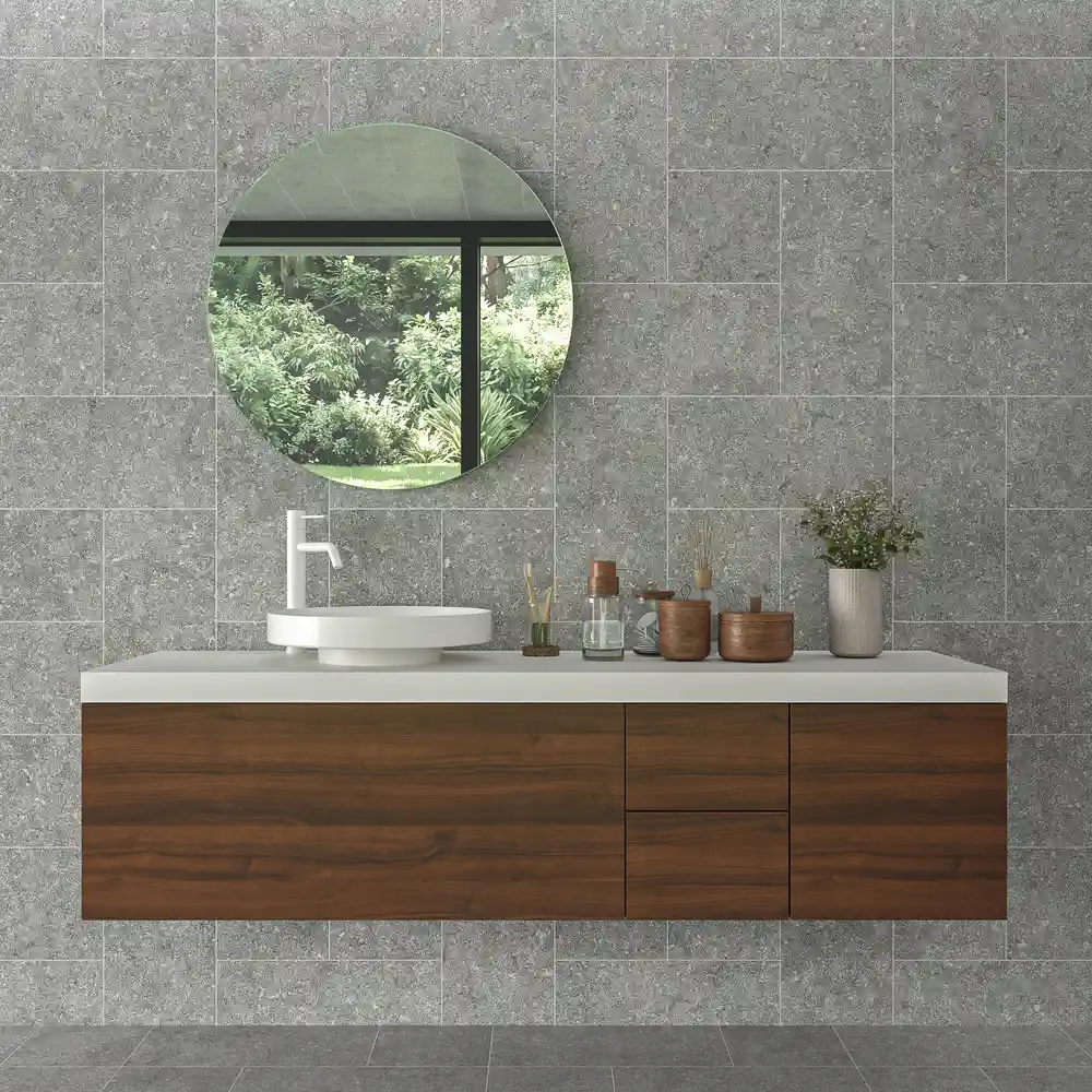 Mueble de baño TESIS suspendido 3 cajones + cesto de ropa Nogal Valentina con encimera SOLID SURFACE Blanco