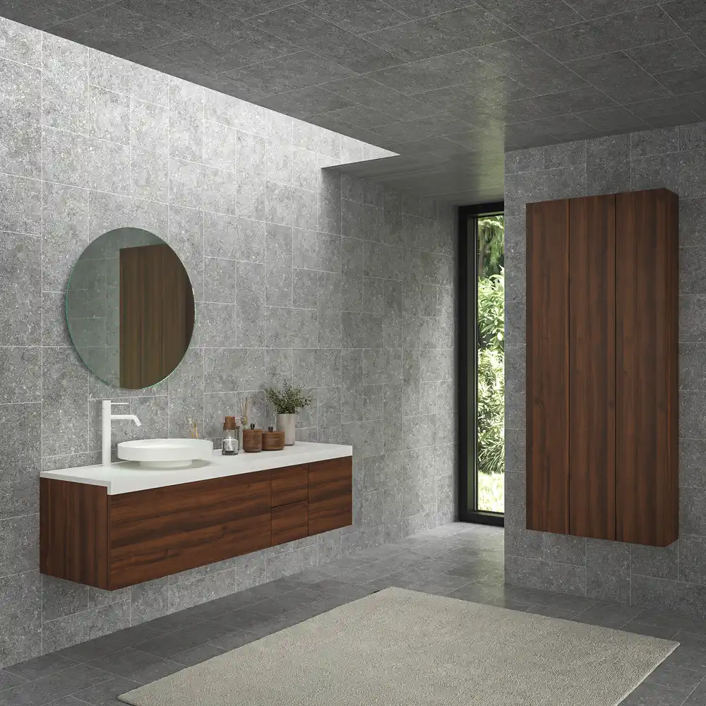 Mueble de baño TESIS suspendido 4 cajones con encimera SOLID SURFACE Nogal Valentina - Imagen 4