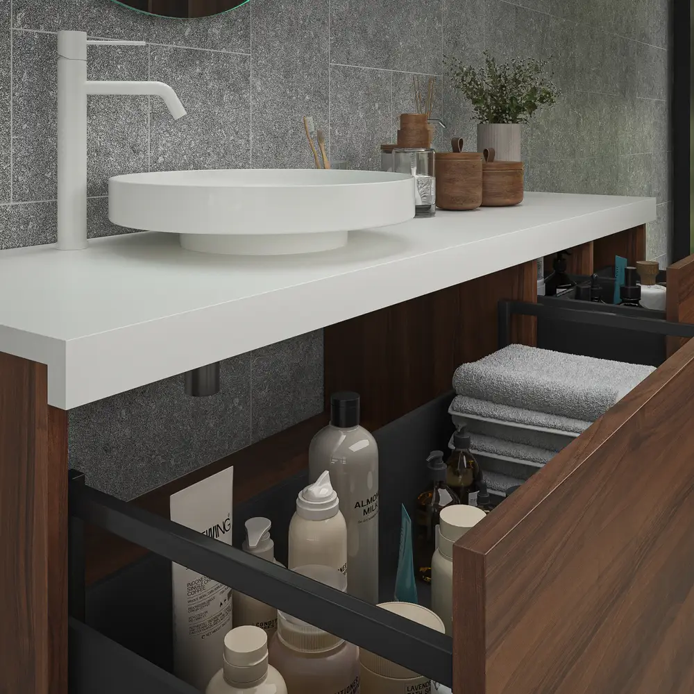 Mueble de baño TESIS suspendido 4 cajones con encimera SOLID SURFACE Nogal Valentina - Imagen 3