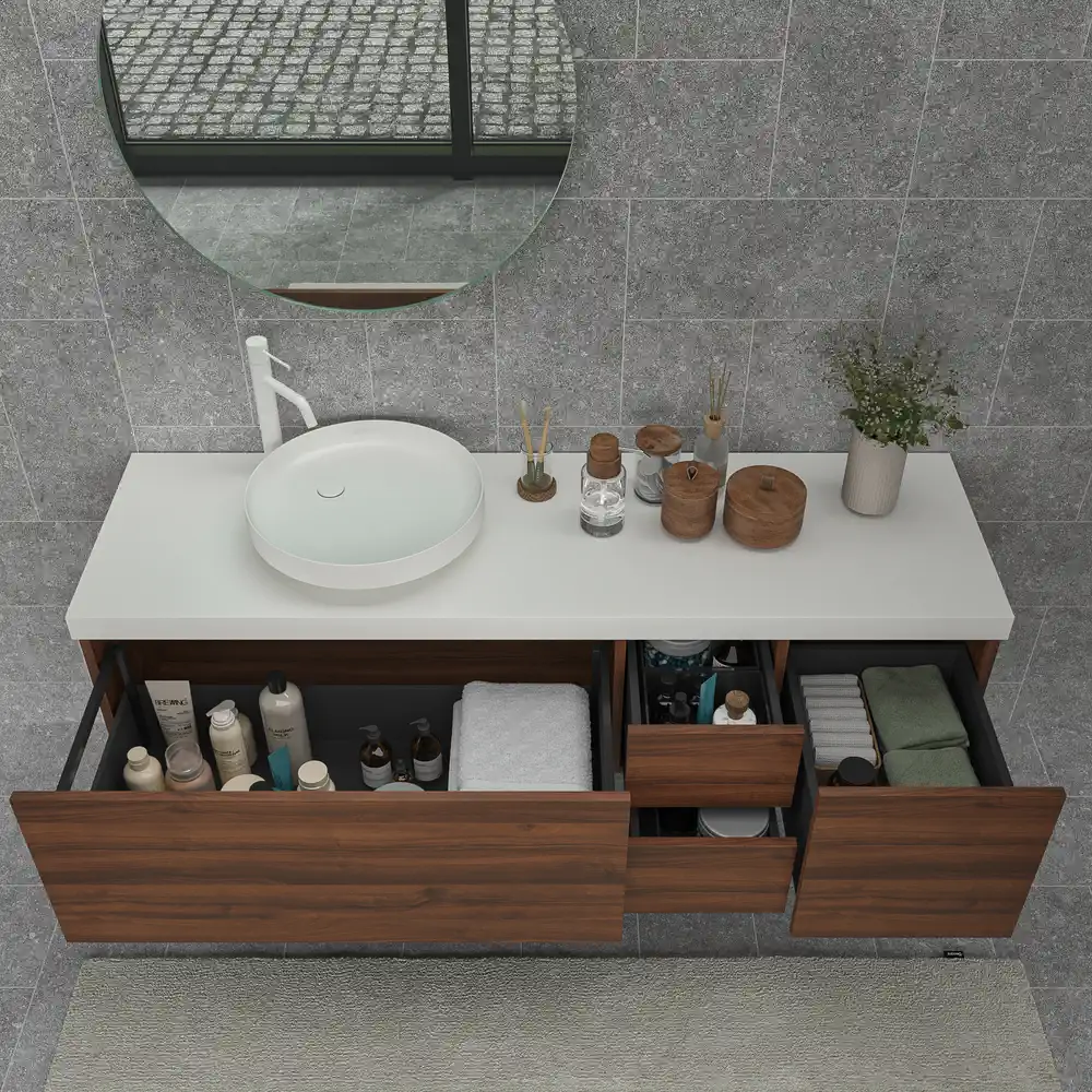 Mueble de baño TESIS suspendido 4 cajones con encimera SOLID SURFACE Nogal Valentina - Imagen 2