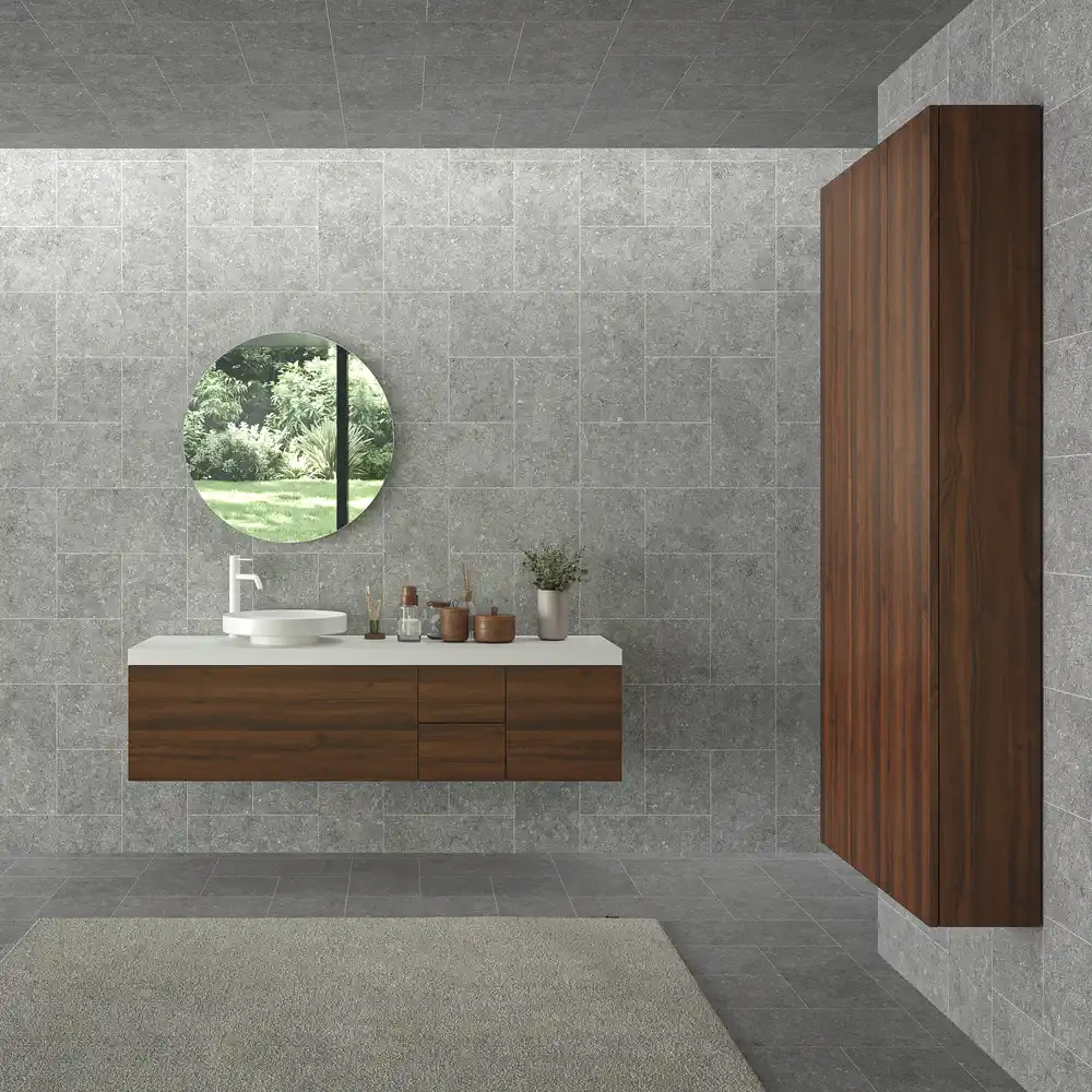 Mueble de baño TESIS suspendido 4 cajones con encimera SOLID SURFACE Nogal Valentina - Imagen 5