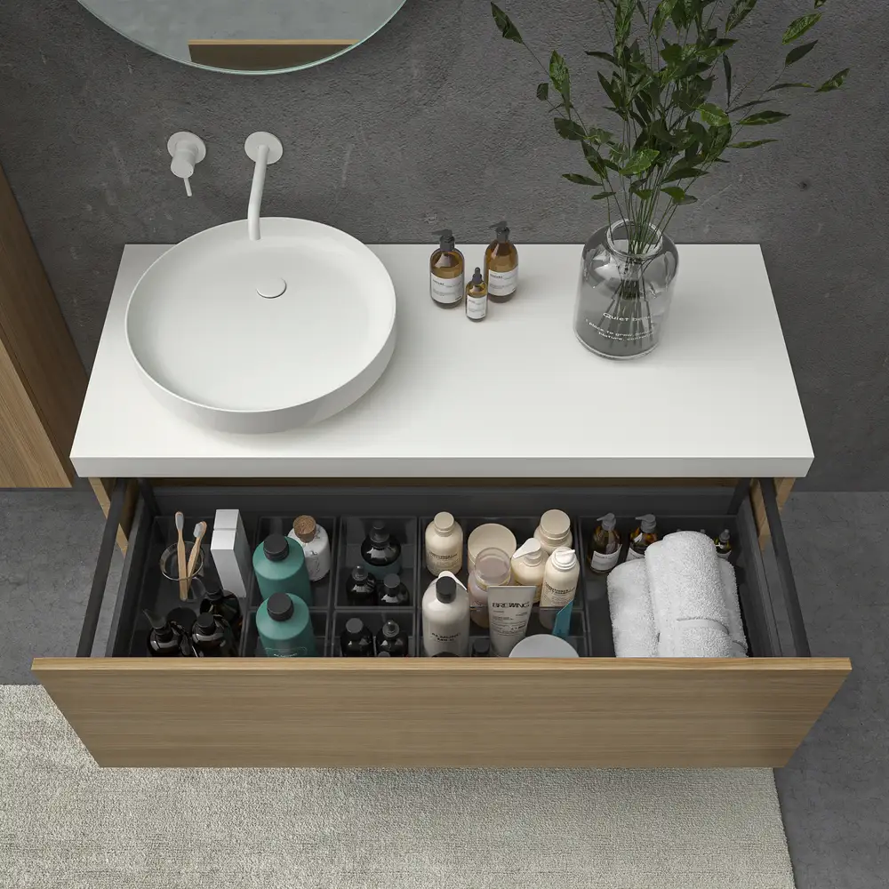 Mueble de baño TESIS suspendido 1 cajón con encimera SOLID SURFACE Nogal Fausto - Imagen 3