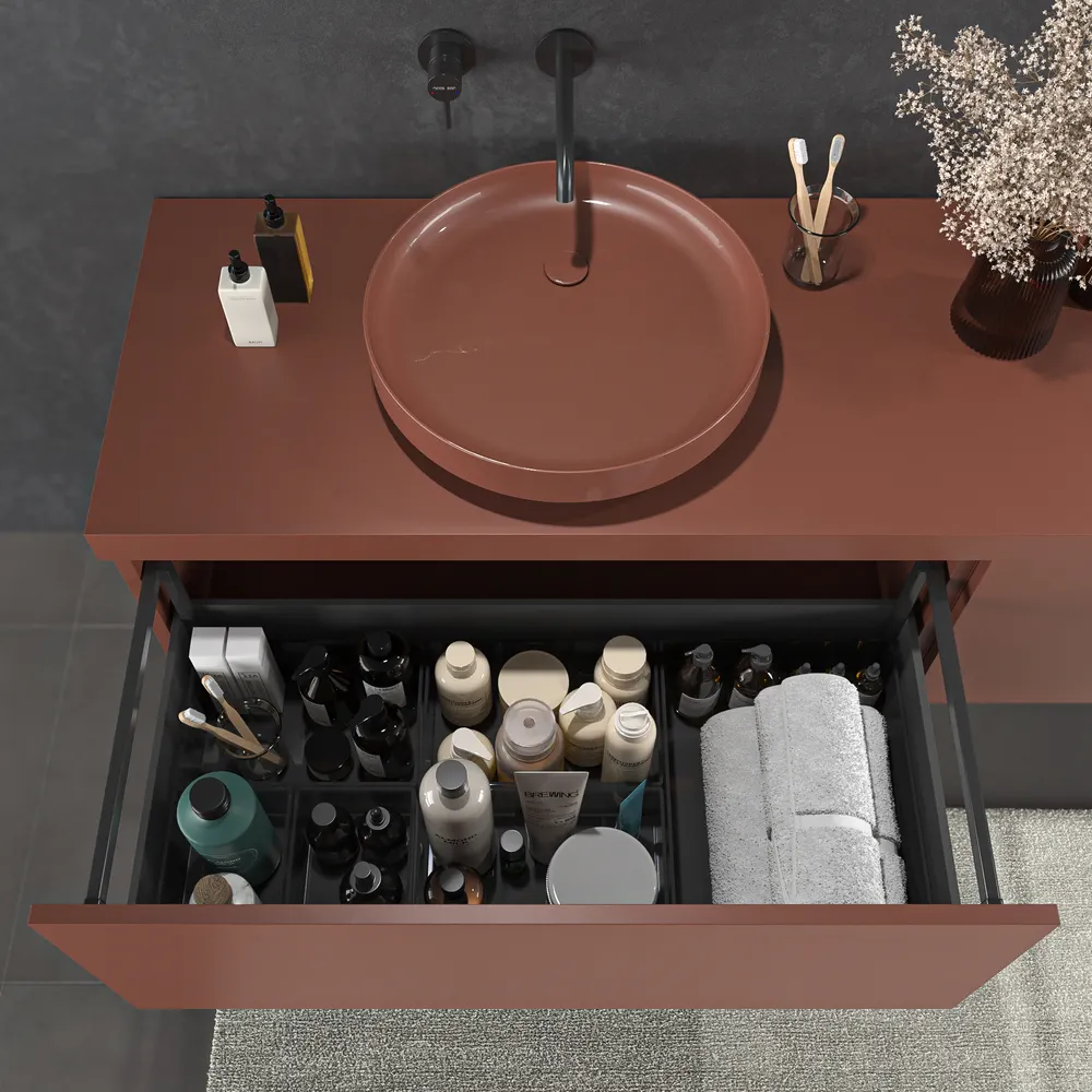 Mueble de baño TESIS suspendido 2 cajones + Cesto de Ropa con encimera SOLID SURFACE Cobre Perlado - Imagen 6