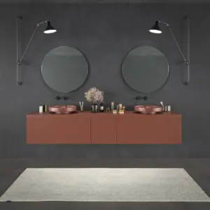 Mueble de baño TESIS suspendido 2 cajones + Cesto de Ropa con encimera SOLID SURFACE Cobre Perlado