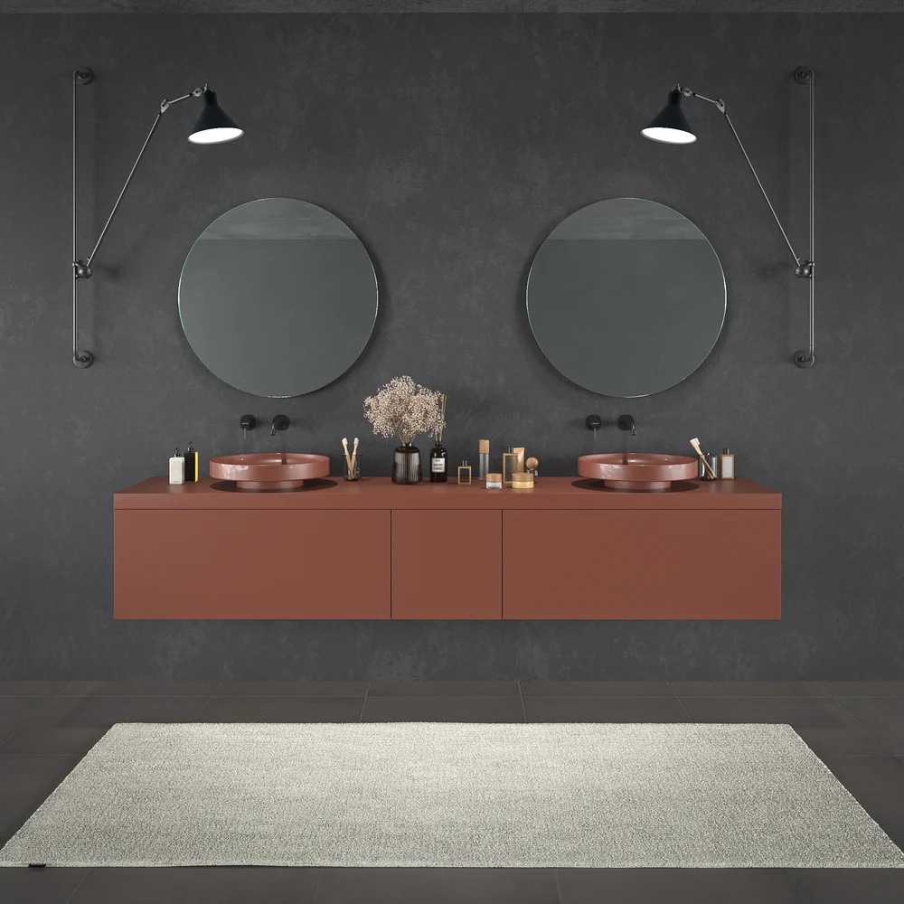 Mueble de baño TESIS suspendido 2 cajones + Cesto de Ropa con encimera SOLID SURFACE Cobre Perlado