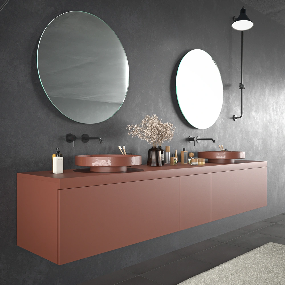 Mueble de baño TESIS suspendido 2 cajones + Cesto de Ropa con encimera SOLID SURFACE Cobre Perlado - Imagen 3