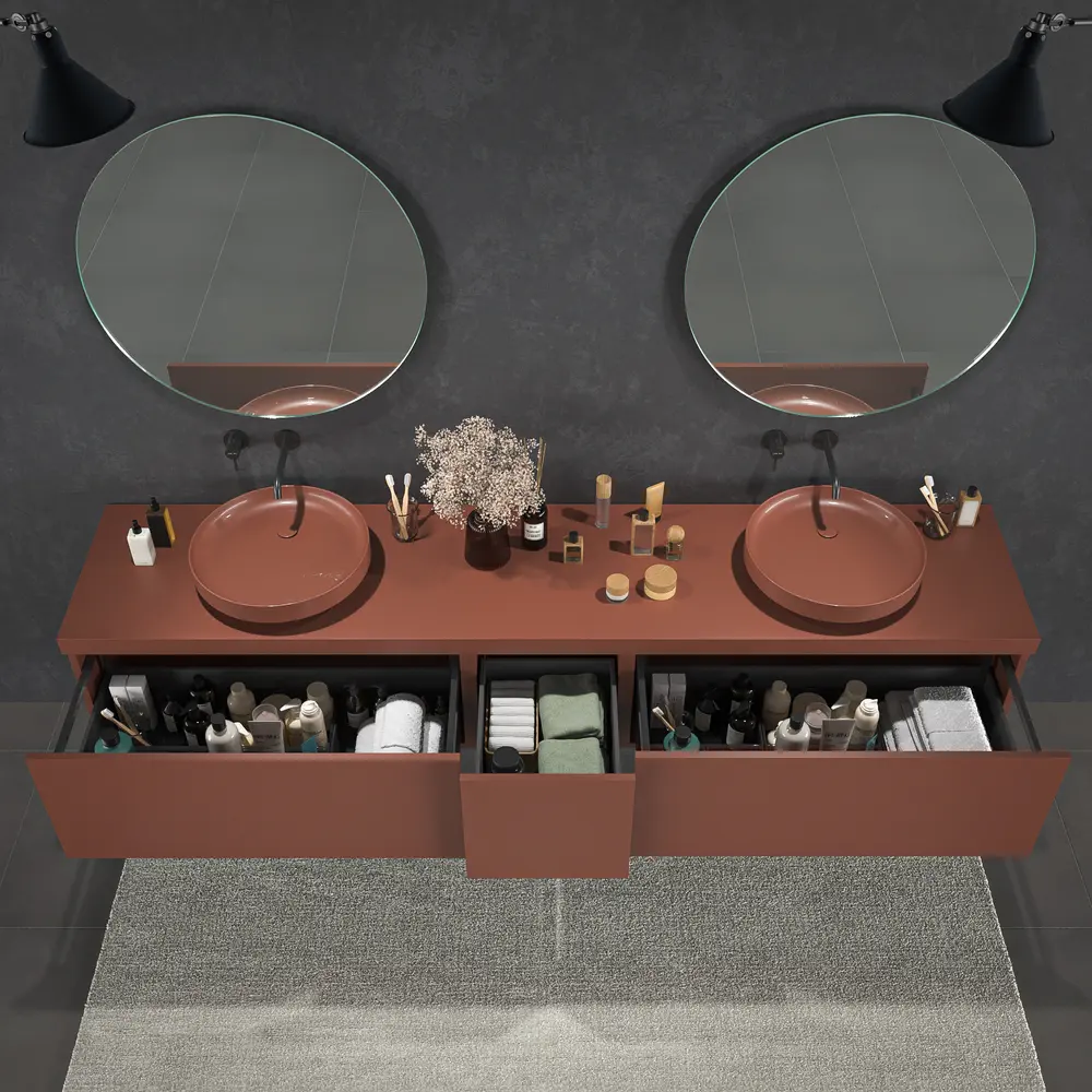 Mueble de baño TESIS suspendido 2 cajones + Cesto de Ropa con encimera SOLID SURFACE Cobre Perlado - Imagen 2