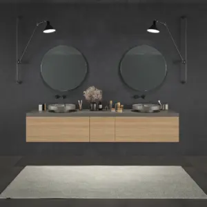 Mueble de baño TESIS suspendido 2 cajones + Cesto de Ropa Nogal Boheme con encimera SOLID SURFACE Gris Cuarzo