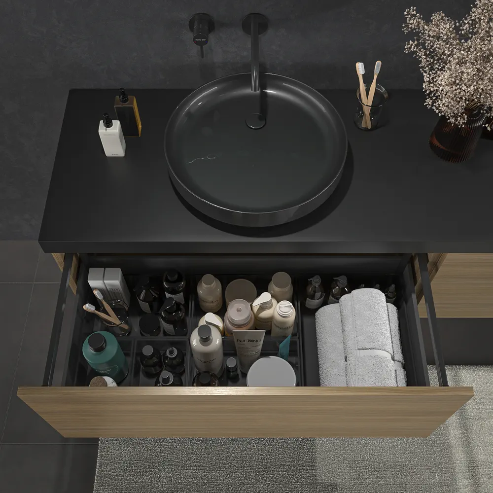 Mueble de baño TESIS suspendido 2 cajones + cesto de ropa Nogal Fausto con encimera SOLID SURFACE Negro - Imagen 5