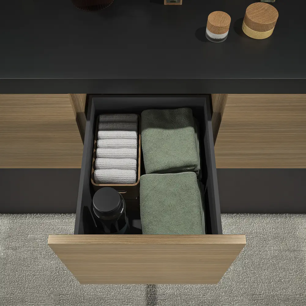 Mueble de baño TESIS suspendido 2 cajones + cesto de ropa Nogal Fausto con encimera SOLID SURFACE Negro - Imagen 4