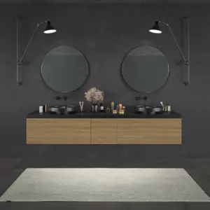 Mueble de baño TESIS suspendido 2 cajones + Cesto de Ropa Nogal Fausto con encimera SOLID SURFACE Negro