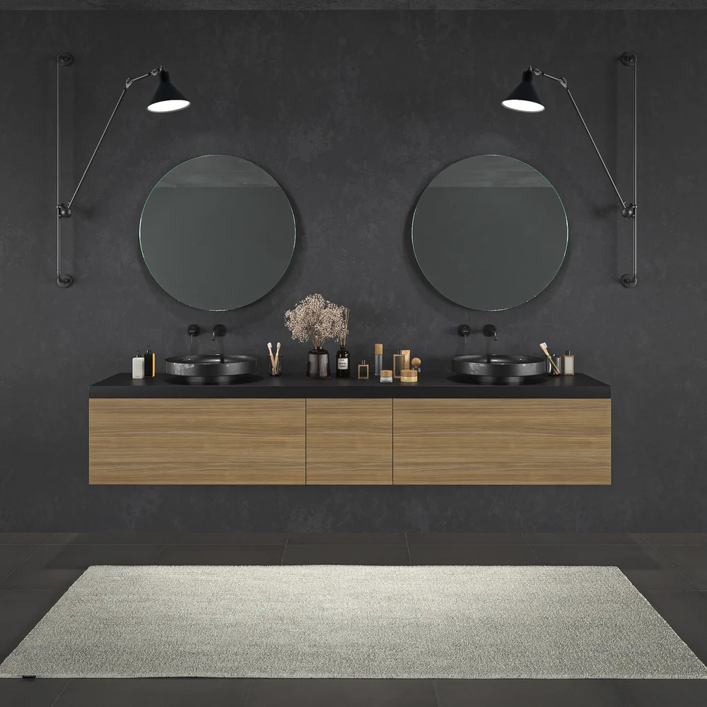 Mueble de baño TESIS suspendido 2 cajones + cesto de ropa Nogal Fausto con encimera SOLID SURFACE Negro
