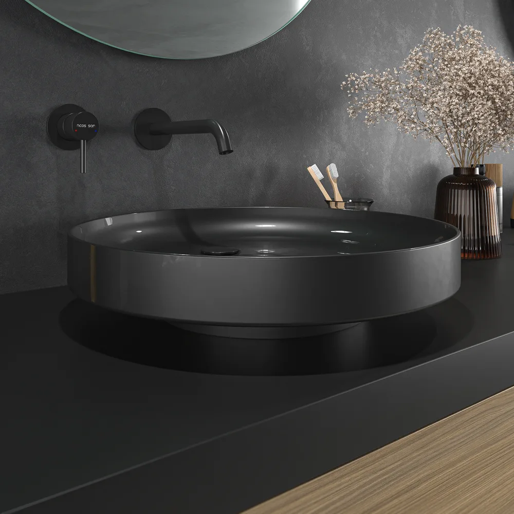 Mueble de baño TESIS suspendido 2 cajones + cesto de ropa Nogal Fausto con encimera SOLID SURFACE Negro - Imagen 3