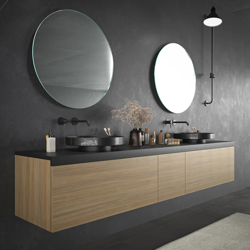 Mueble de baño TESIS suspendido 2 cajones + cesto de ropa Nogal Fausto con encimera SOLID SURFACE Negro - Imagen 2