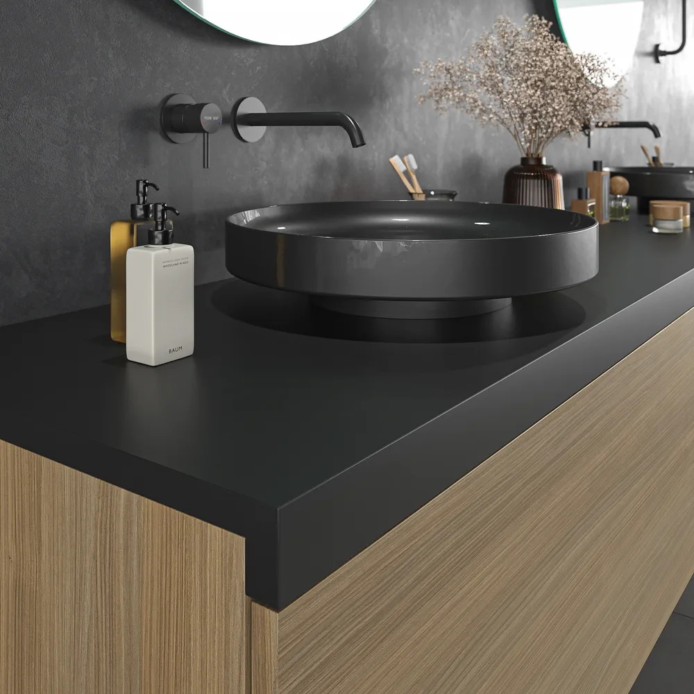 Mueble de baño TESIS suspendido 2 cajones + cesto de ropa Nogal Fausto con encimera SOLID SURFACE Negro - Imagen 6