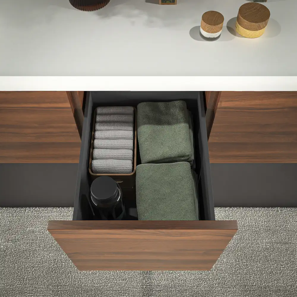 Mueble de baño TESIS suspendido 2 cajones + cesto de ropa Nogal Valentina con encimera SOLID SURFACE Blanco - Imagen 5