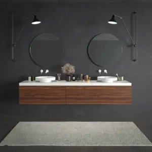 Mueble de baño TESIS suspendido 2 cajones + Cesto de Ropa Nogal Valentina con encimera SOLID SURFACE Blanco