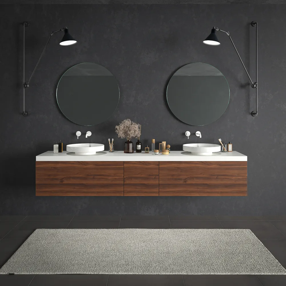 Mueble de baño TESIS suspendido 2 cajones + cesto de ropa Nogal Valentina con encimera SOLID SURFACE Blanco
