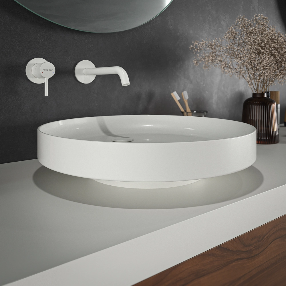 Mueble de baño TESIS suspendido 2 cajones + cesto de ropa Nogal Valentina con encimera SOLID SURFACE Blanco - Imagen 4