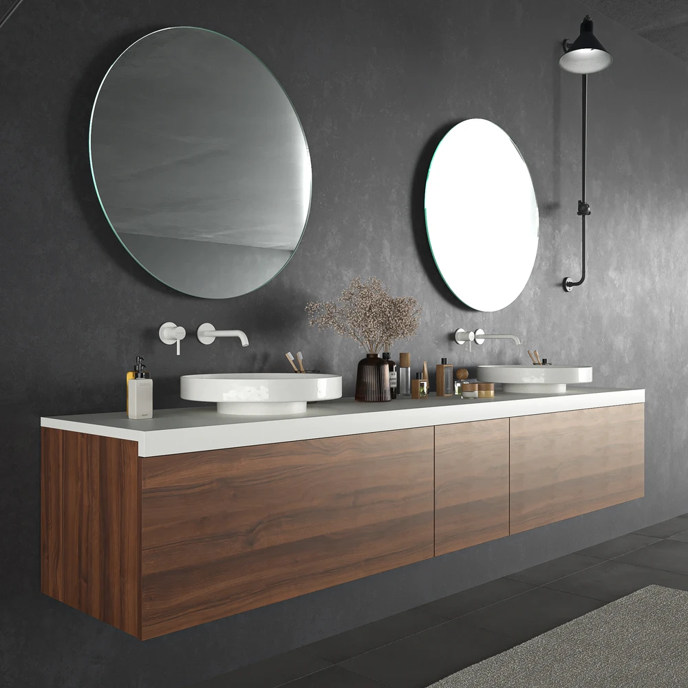 Mueble de baño TESIS suspendido 2 cajones + cesto de ropa Nogal Valentina con encimera SOLID SURFACE Blanco - Imagen 3