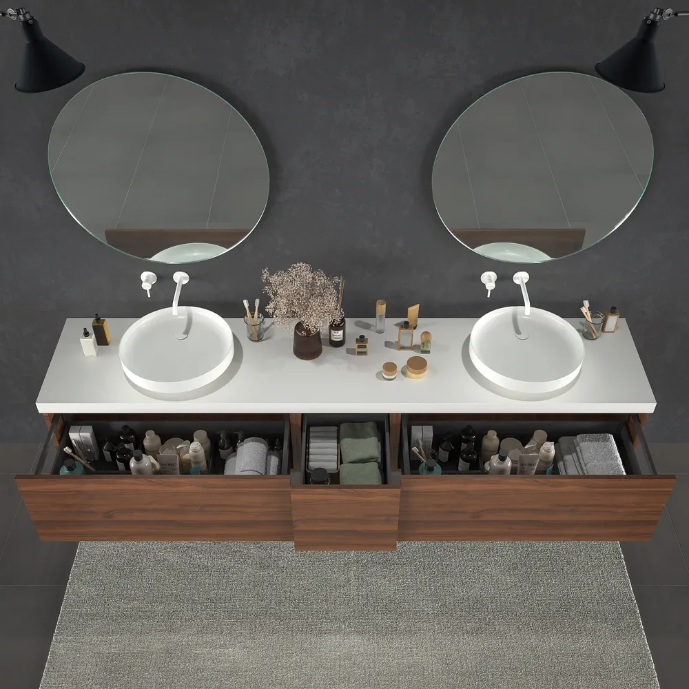 Mueble de baño TESIS suspendido 2 cajones + cesto de ropa Nogal Valentina con encimera SOLID SURFACE Blanco - Imagen 2