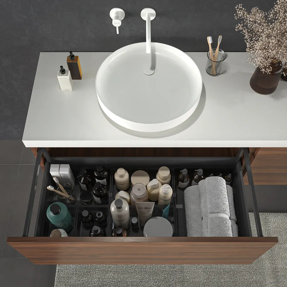 Mueble de baño TESIS suspendido 2 cajones + cesto de ropa Nogal Valentina con encimera SOLID SURFACE Blanco - Imagen 6