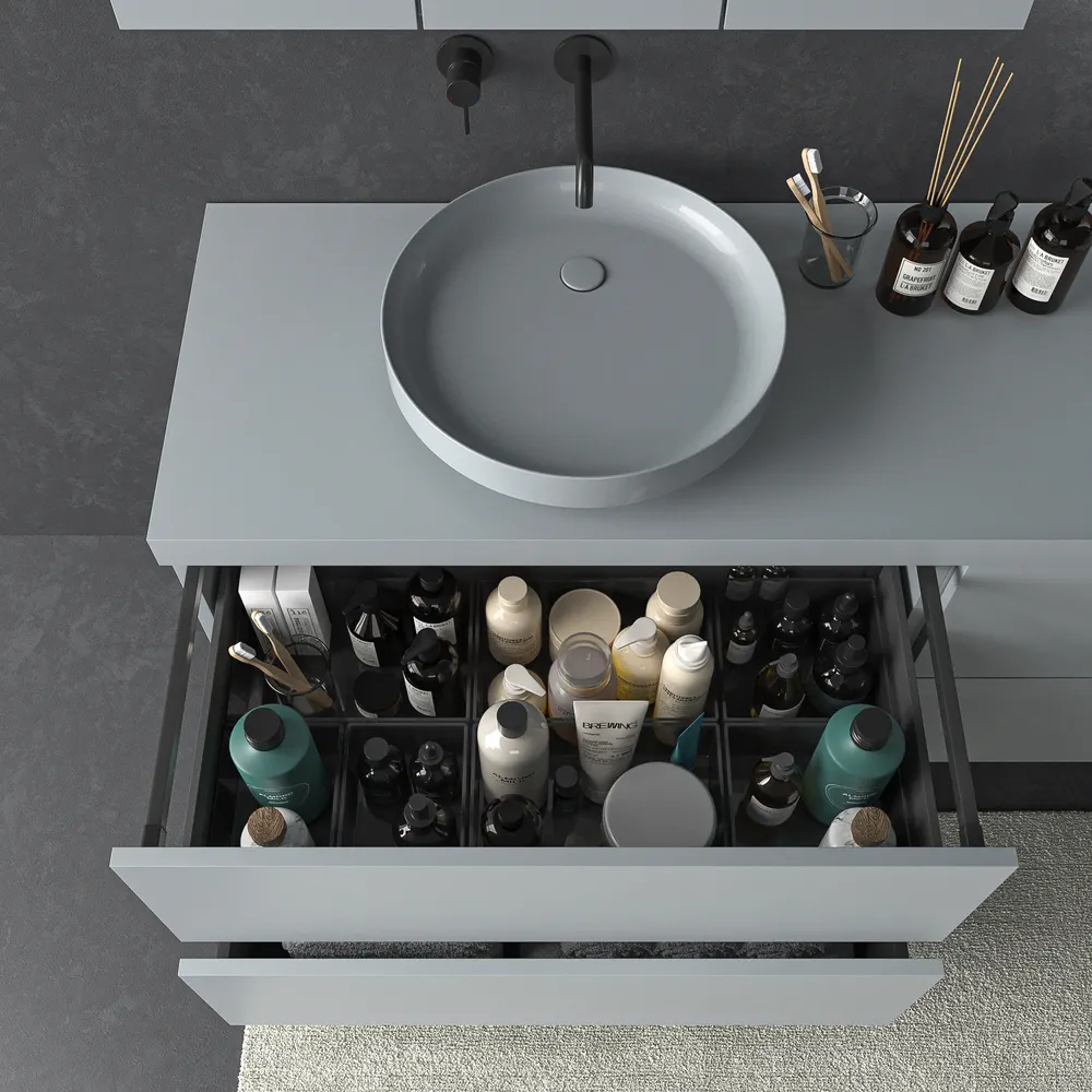 Mueble de baño TESIS suspendido 4 cajones con encimera SOLID SURFACE Gris Ventana - Imagen 6