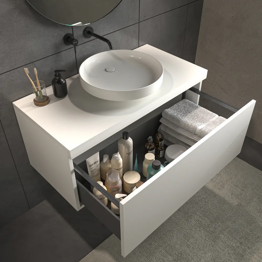 Mueble de baño TESIS suspendido 1 cajón con encimera SOLID SURFACE Blanco - Imagen 4