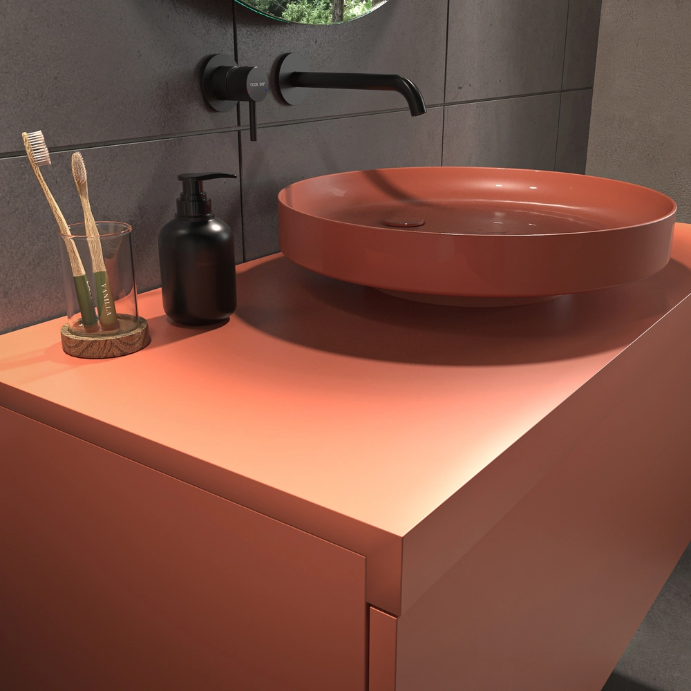 Mueble de baño TESIS suspendido 1 cajón con encimera SOLID SURFACE Naranja Salmón - Imagen 3