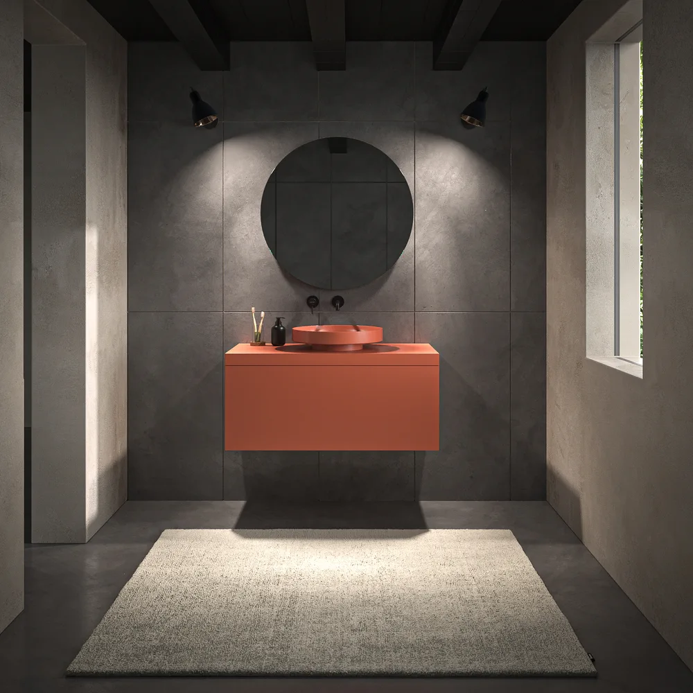 Mueble de baño TESIS suspendido 1 cajón con encimera SOLID SURFACE Naranja Salmón - Imagen 2