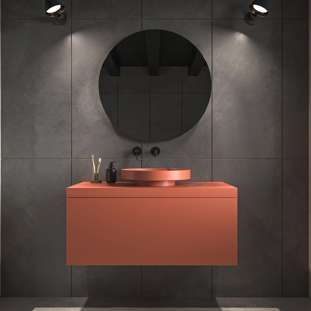 Mueble de baño TESIS suspendido 1 cajón con encimera SOLID SURFACE Naranja Salmón