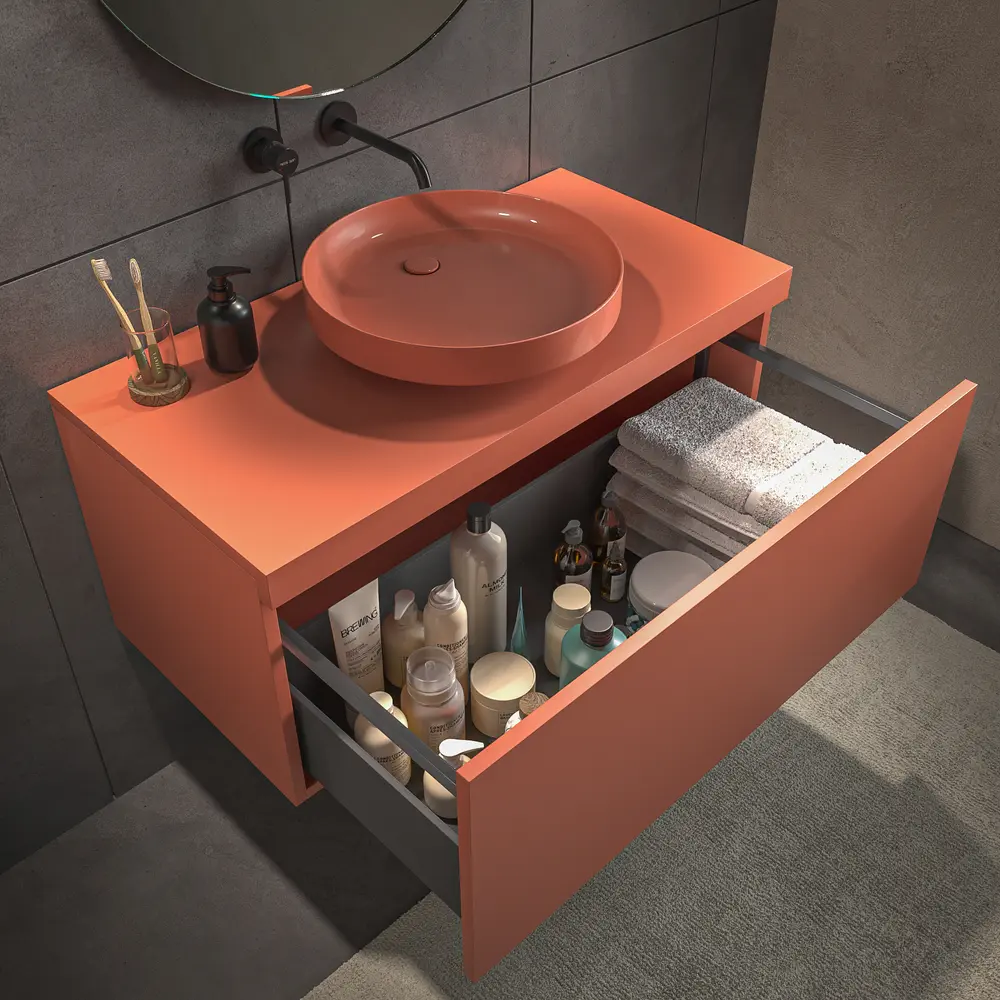 Mueble de baño TESIS suspendido 1 cajón con encimera SOLID SURFACE Naranja Salmón - Imagen 4