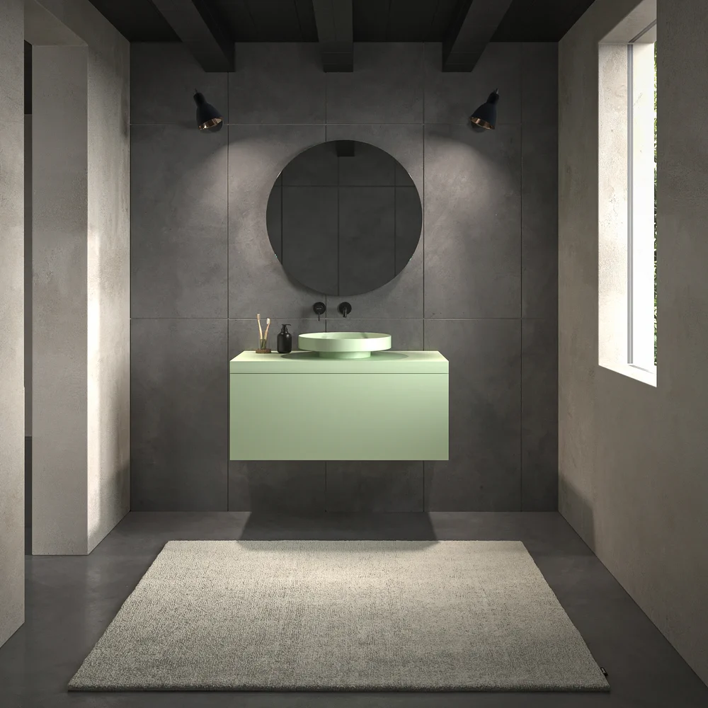 Mueble de baño TESIS suspendido 1 cajón con encimera SOLID SURFACE Verde Blanquecino - Imagen 2