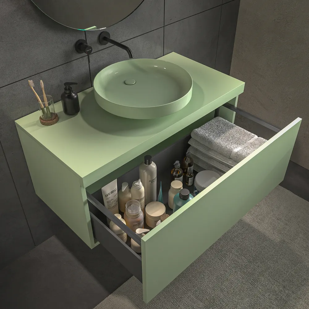 Mueble de baño TESIS suspendido 1 cajón con encimera SOLID SURFACE Verde Blanquecino - Imagen 4