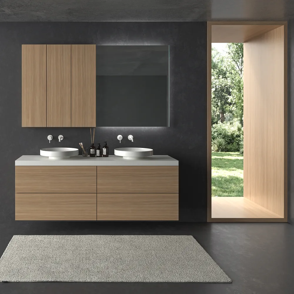 Mueble de baño TESIS suspendido 4 cajones con encimera SOLID SURFACE Nogal Boheme
