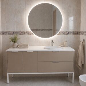 Mueble de baño ELLA 2 puertas/2 cajones 150 cm RAL 1019 con patas blanco- Encimera Solid Surface blanco lavado dcha redondo semiencastrado - Grifo nature blanco - Valvula click clack blanco - Espejo ANGELO 150x80 luz trasera con antivaho y espejo aumento led izquierda
